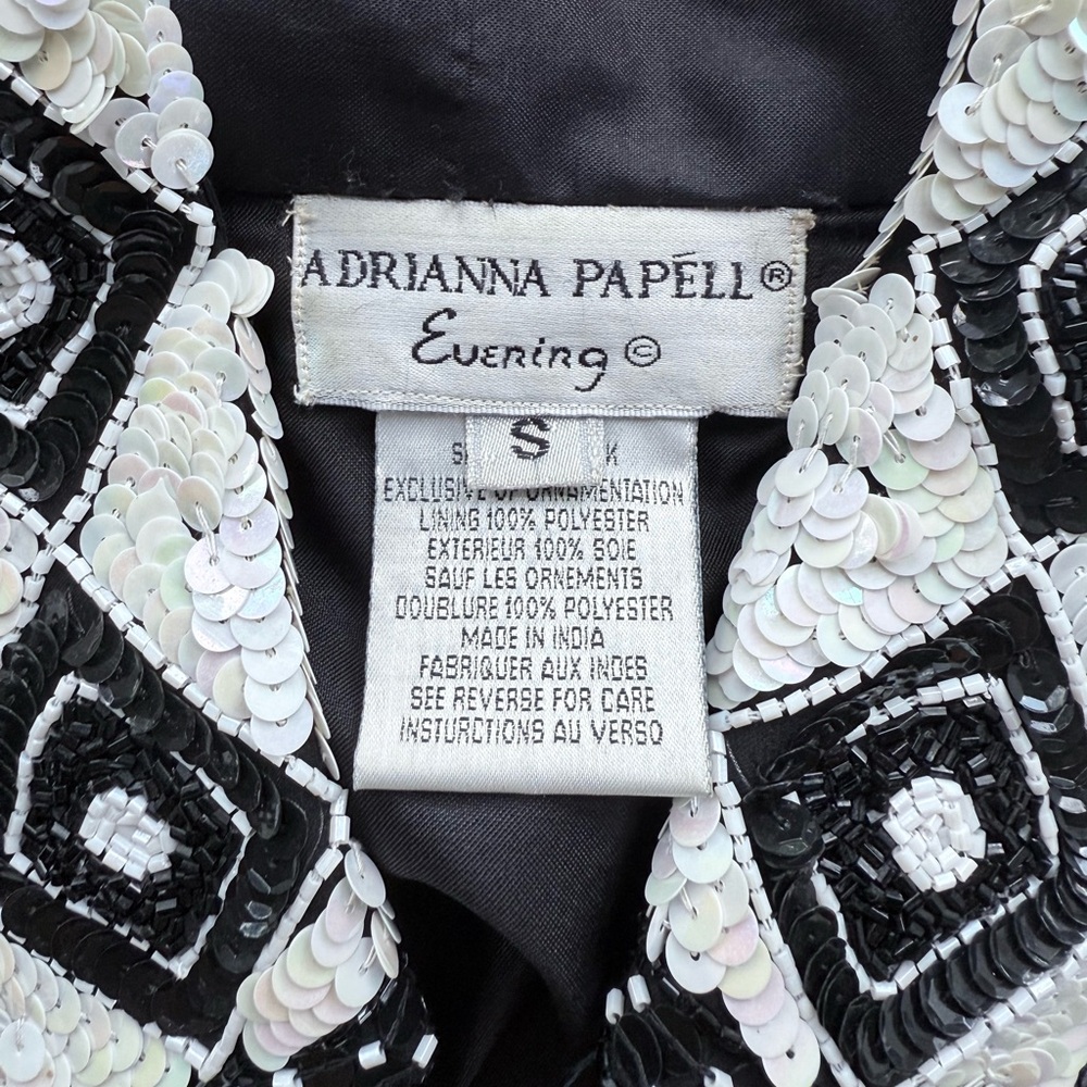 Vintage Adrianna Papell Beaded & Sequin Silk Bolero Jacket S Black & White - Picture 9 of 15